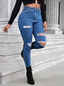 SHEIN SXY Quần jean nữ Nút Túi Bị tách Dây kéo màu trơn - Rửa trung bình - Xem 3