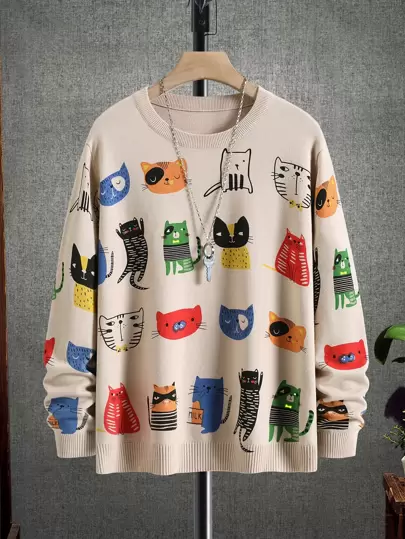 Manfinity Homme Suéter informal de manga larga con estampado de animales de graffiti de dibujos animados y colores urbanos para hombres, para amigos, otoño e invierno