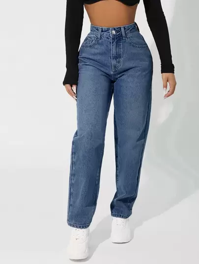 SHEIN PETITE Jeans de talle alto con cremallera con ajuste de mamá, pantalones vaqueros casuales de mujer con botón, bolsillo, cremallera de talle alto, pierna recta, lavado oscuro con ajuste regular de mamá para uso casual diario en primavera/otoño