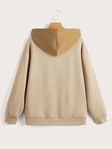SHEIN EZwear Áo nỉ ấm áp Đồ họa Hoạt hình Túi kangaroo - Màu Khaki - Xem 2
