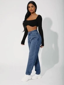 SHEIN PETITE High Waisted Zip Up Mom Fit Jeans,Ladies Casual Button,Pocket,Zipper High Waist Straight Leg Long Dark Wash Mom Fit Regular Fit Women Jeans,Spring/Fall,Casual Daily Wear - Dark Wash - View 4