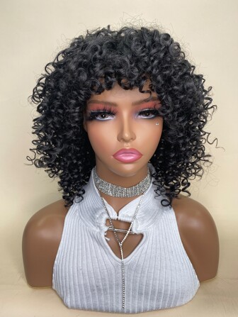 Synthetic Heat Resistant Wigs Curly Short Wigs Black 12Inch Curly Wig With Bangs Daily Used Natural Looking