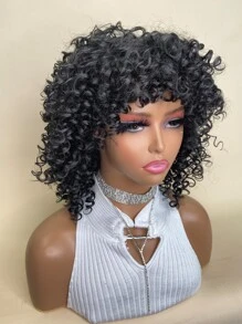 合成耐熱假髮捲曲短假髮黑色12英寸捲髮假髮帶劉海日常使用自然外觀 - 黑色 - 查看 5