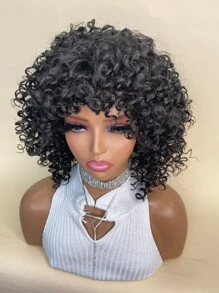 合成耐熱假髮捲曲短假髮黑色12英寸捲髮假髮帶劉海日常使用自然外觀 - 黑色 - 查看 6