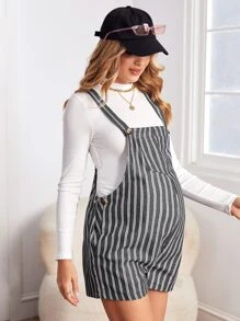 SHEIN Maternity Patch Pocket Striped Overall Shorts Without Tee - Dark Grey - View 1