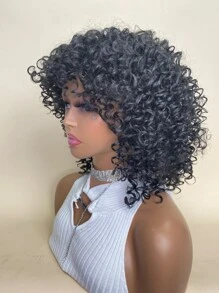合成耐熱假髮捲曲短假髮黑色12英寸捲髮假髮帶劉海日常使用自然外觀 - 黑色 - 查看 4