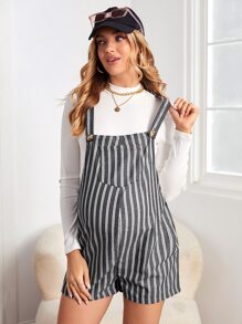SHEIN Maternity Patch Pocket Striped Overall Shorts Without Tee - Dark Grey - View 3