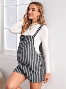 SHEIN Maternity Patch Pocket Striped Overall Shorts Without Tee - Dark Grey - View 5
