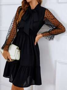 SHEIN Clasi Vestido de malla jacquard de manga con volante de cuello con cordón bajo con fruncido - Negro - Ver 6