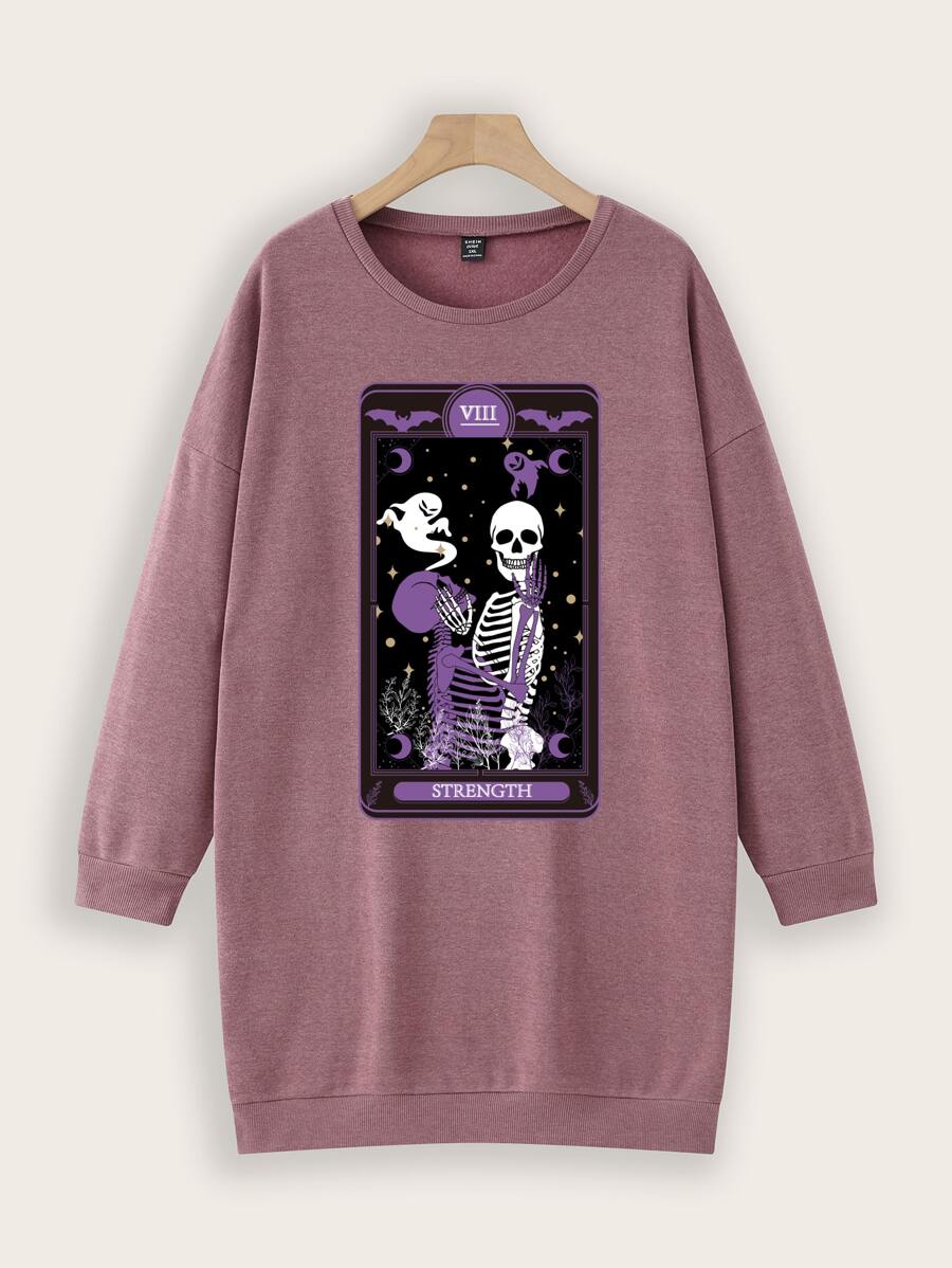 Plus Skeleton Print Drop Shoulder Sweatshirt Dress - Redwood - View 1