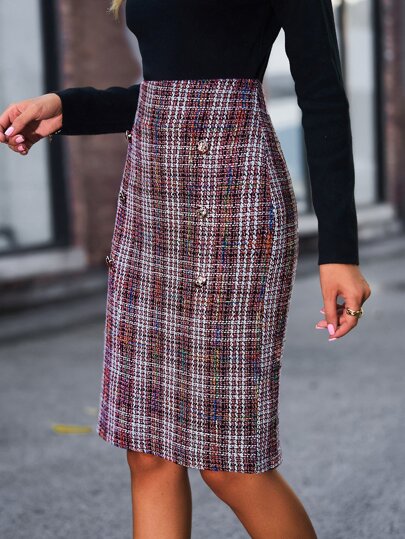 Plaid Split Back Tweed Straight Skirt