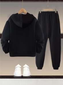 男孩卡通和字母圖案連帽衫和運動褲 - 黑色 - 查看 2