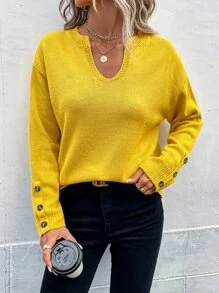 缺口領落肩袖鈕扣袖口套頭毛衣