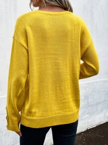 缺口領落肩袖鈕扣袖口套頭毛衣