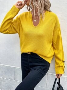 缺口領落肩袖鈕扣袖口套頭毛衣