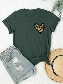 Calvaya Plus Leopard & Heart Print Tee, Cheetah Print Tee, Women Graphic Top, Summer - Dark Green - View 1