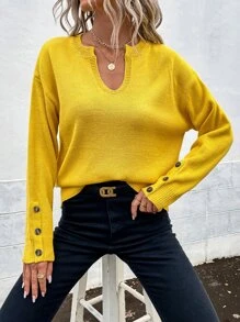 缺口領落肩袖鈕扣袖口套頭毛衣