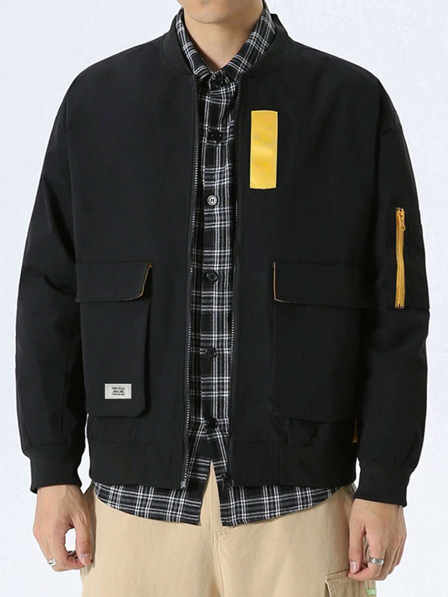 Manfinity Men Drop Shoulder Patch Detail Flap Pocket Jacket - Black - View 1