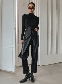 DAZY Quần PU cạp cao túi chéo thời trang thu đông - màu đen - Xem 4