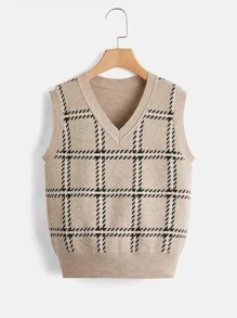 SHEIN Boys Plaid Pattern Sweater Vest - Khaki - View 1