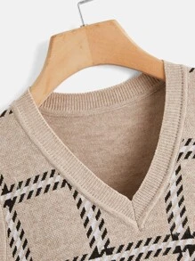 SHEIN Boys Plaid Pattern Sweater Vest - Khaki - View 3