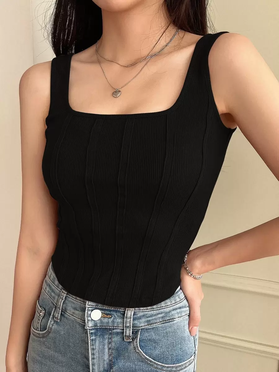 DAZY Solid Rib-Knit Tank Top Preppy Tops - Black - View 1