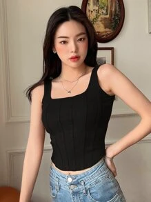 DAZY Solid Rib-Knit Tank Top Preppy Tops - Black - View 5