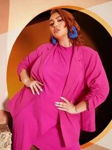 SHEIN CURVE+ Blazer de cuello con solapa fruncido puño unicolor