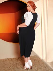 SHEIN CURVE+ Plus Square Neck Puff Sleeve Dress - Black - View 2
