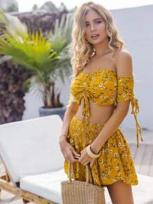 SHEIN VCAY Top corto floral con cordón con shorts - Amarillo - Ver 4