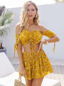 SHEIN VCAY Top corto floral con cordón con shorts - Amarillo - Ver 5