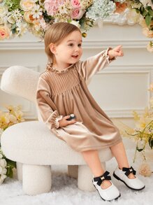 Baby Girl Frilled Neck Velvet Dress - Champagne - View 5