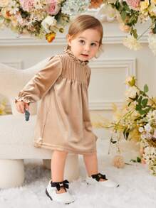 Baby Girl Frilled Neck Velvet Dress - Champagne - View 3