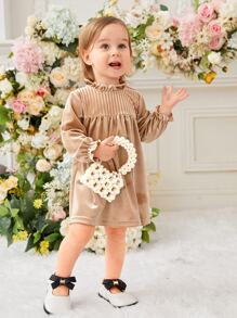 Baby Girl Frilled Neck Velvet Dress - Champagne - View 4