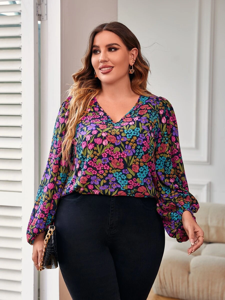 SHEIN Clasi Plus Floral Print Lantern Sleeve Blouse - Purple - View 1
