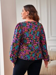 SHEIN Clasi Plus Floral Print Lantern Sleeve Blouse - Purple - View 2