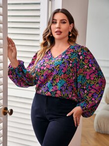 SHEIN Clasi Plus Floral Print Lantern Sleeve Blouse - Purple - View 4