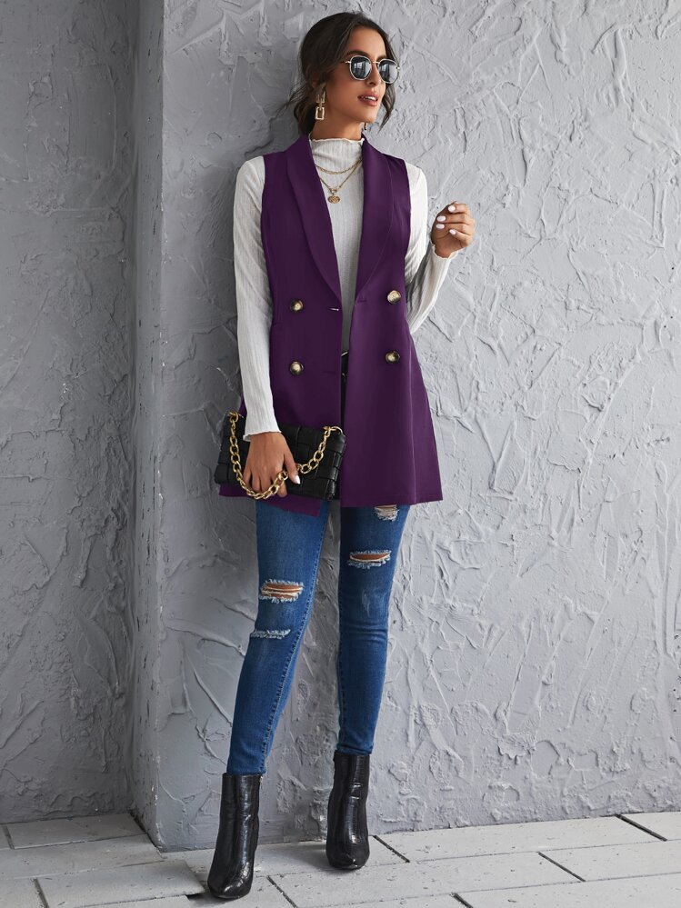 SHEIN Clasi כפתרה כפולה פשוט אלגנטי בלייזר - סגול - ראה 5