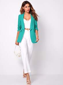 SHEIN LUNE 女士时尚春季经典薄荷蓝西装外套，适合秋冬季日常通勤，休闲百搭 - 薄荷藍 - 查看 5