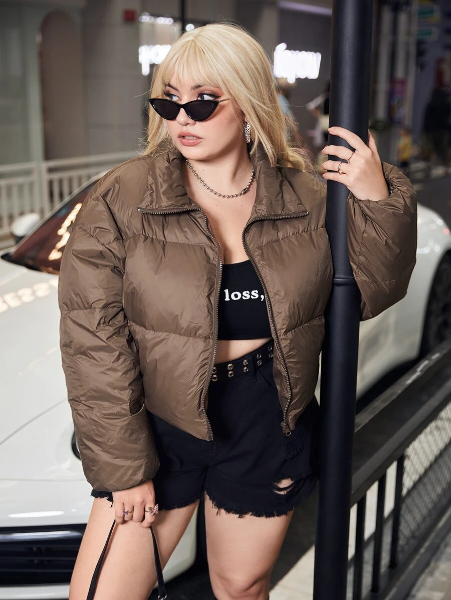 Flirla 大碼拉鏈開襟落肩袖羽絨服 - 咖啡棕 - 查看 1