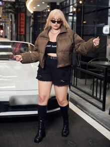 Flirla 大碼拉鏈開襟落肩袖羽絨服 - 咖啡棕 - 查看 3