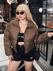 Flirla 大碼拉鏈開襟落肩袖羽絨服 - 咖啡棕 - 查看 4