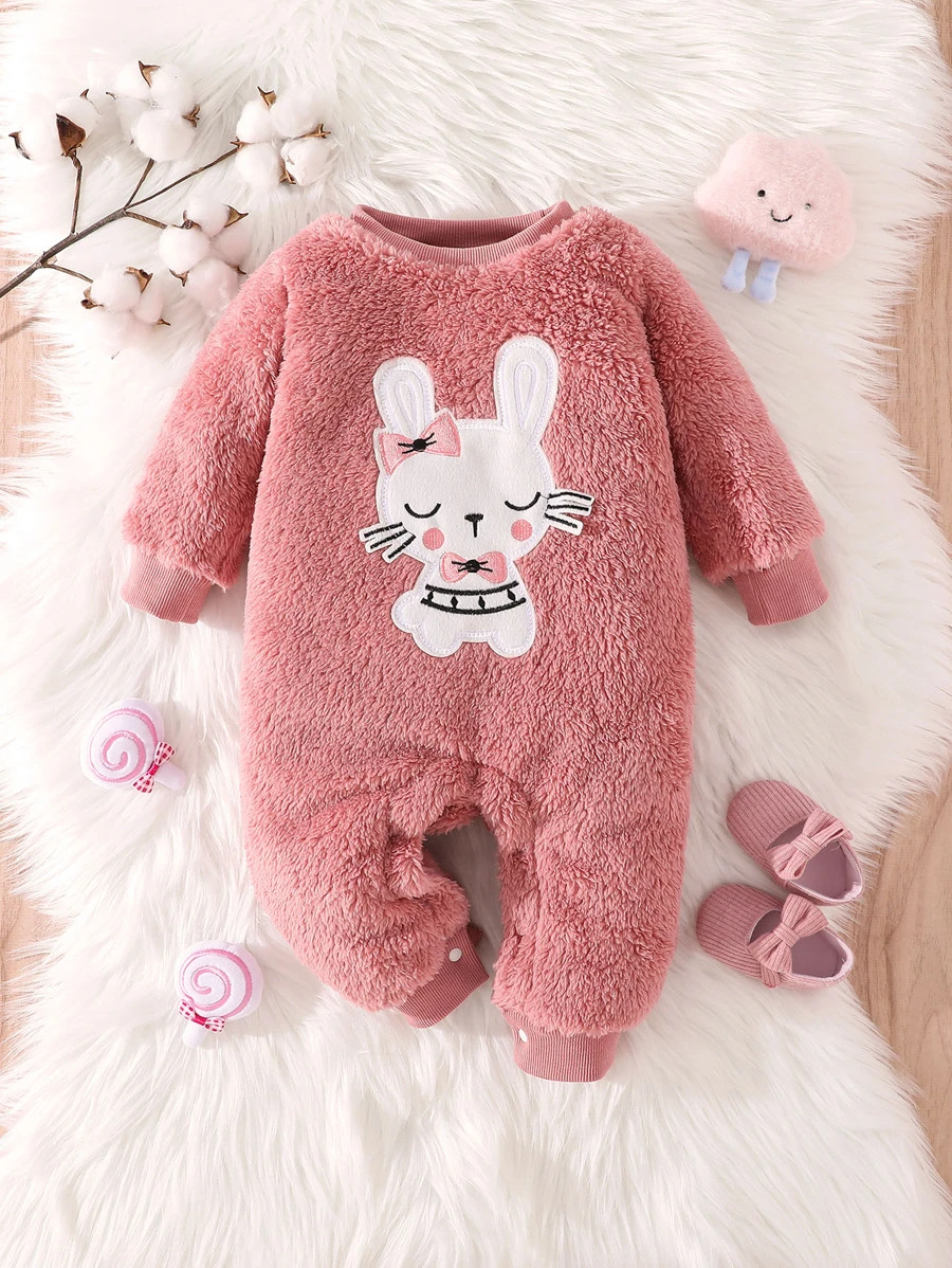 嬰兒女孩漫畫刺繡毛茸茸連身衣 - 粉色 - 查看 1