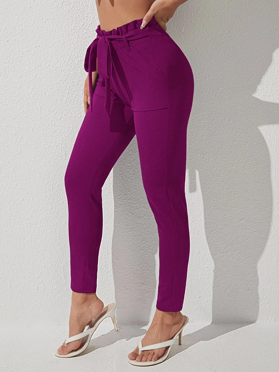 SHEIN PETITE 紙袋腰腰帶長褲 - 中紫紅色 - 查看 1