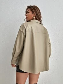 SHEIN EZwear Plus Flap Pocket Drop Shoulder PU Leather Coat - Mocha Brown - View 2