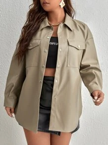 SHEIN EZwear Plus Flap Pocket Drop Shoulder PU Leather Coat - Mocha Brown - View 1