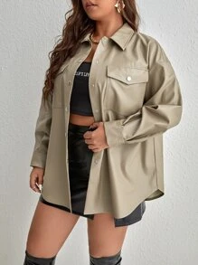 SHEIN EZwear Plus Flap Pocket Drop Shoulder PU Leather Coat - Mocha Brown - View 3