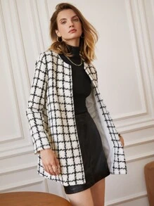 SHEIN Frenchy 女款格紋領口毛呢外套