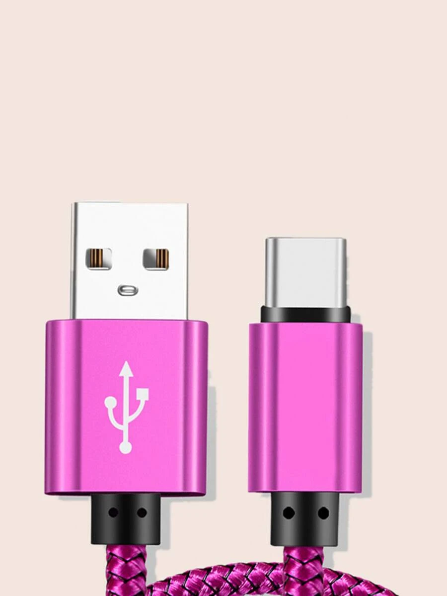 1pc Woven Fast Charging Data Cable - Hot Pink - View 1