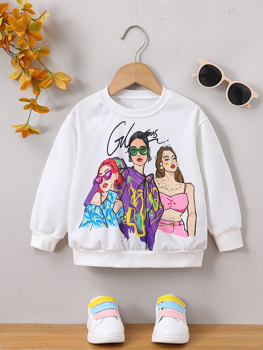 SHEIN 小女童人像圖案運動衫 - 白色 - 查看 1